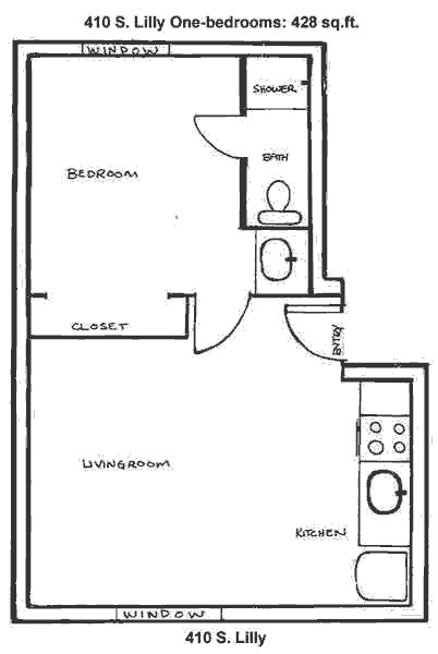 Floor plan of the one-bedrooms at The Zephyr Apartments, 410 S. Lilly Street, Moscow, Id