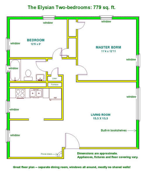 Floor plan of a two-bedroom apartment at The Elysian Fourplexes in Moscow, Id