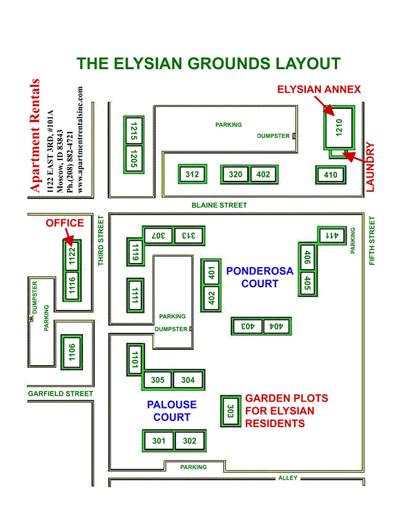 Layout of The Elysian Apartments including The Elysian Annex Apartments in Moscow, Id