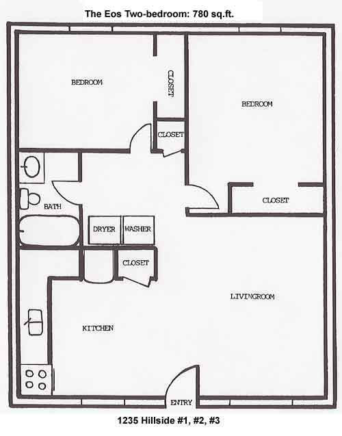 Floor plan of the two-bedrooms at The Eos Apartments, 1235 Hillside Drive in Pullman, Wa