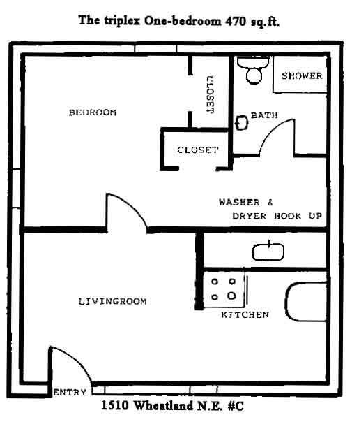 Floor plan of a  one-bedroom at The Triplex on 1510 Wheatland Drive, apartment C in Pullman, Wa