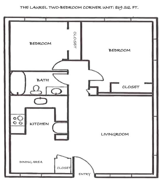 Floor plan of the two-bedroom at The Laurel Apartments, 1585 Turner Drive in Pullman, Wa