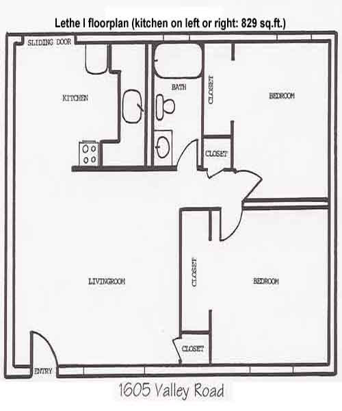 Floor plan of the two-bedrooms at The Lethe I Apartments, 1605 Valley Road, Pullman, Wa
