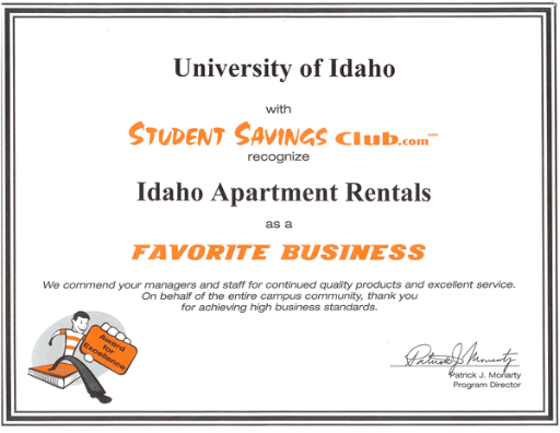 Favorite Business Certificate issued by the University of Idaho's Student Savings Club