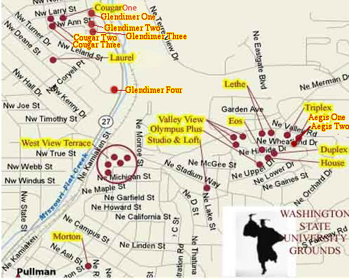 This image shows a map of Pullman, Wa with hyperlinks to all Apartment Rentals properties