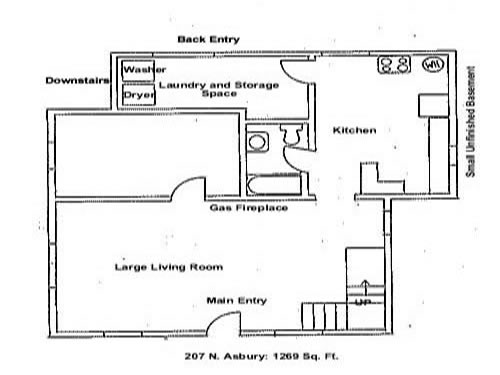 Downstairs floor plan of the three-bedroom house on 207 N. Asbury in Moscow, Id