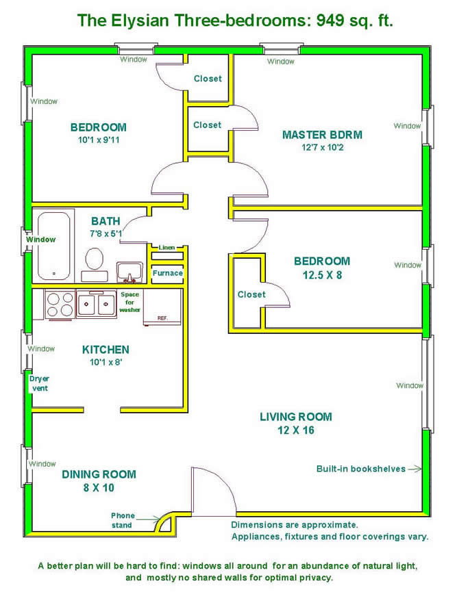 Floor plan of a three-bedroom apartment at The Elysian Fourplexes in Moscow, Id