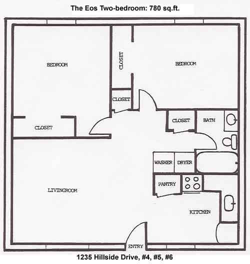 Floor plan of the two-bedrooms at The Eos Apartments, 1235 Hillside Drive in Pullman, Wa