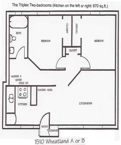 Floor plan of a  two-bedroom at The Triplex on 1510 Wheatland Drive, apartment B in Pullman, Wa