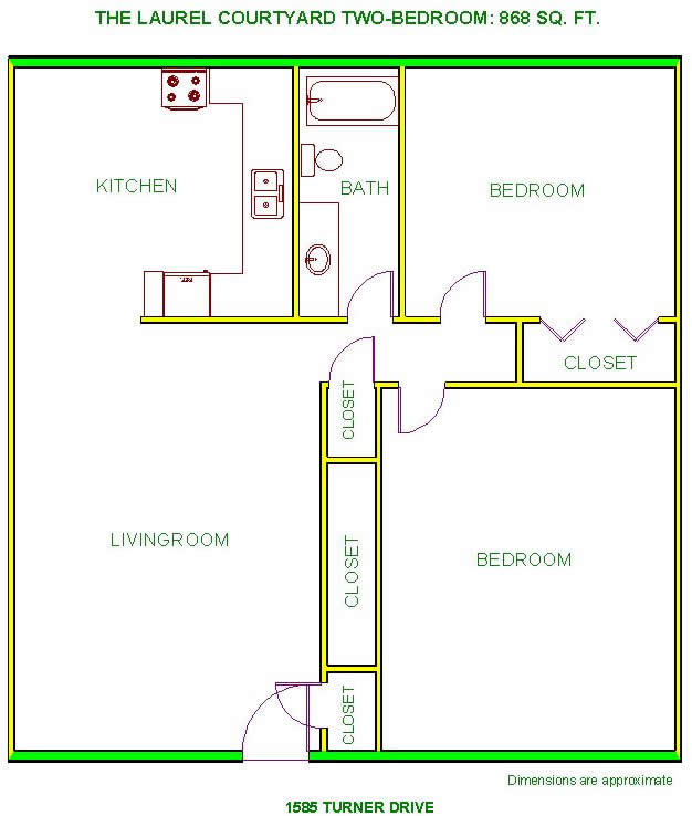 Floor plan of the two-bedroom at The Laurel Apartments, 1585 Turner Drive in Pullman, Wa