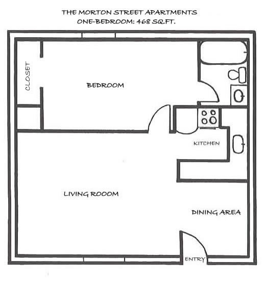 Floor plan of apartment 104, the one-bedroom at The Morton Street Apartments, 545 Morton Street, Pullman, Wa