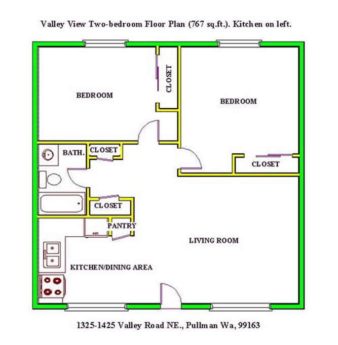 Floor plan of a one-bedroom at The Valley View Apartments, 1325 Valley Road, Pullman, Wa