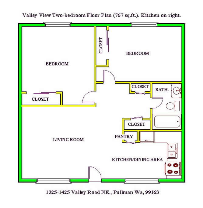 Floor plan of a two-bedroom at The Valley View Apartments, 1325 Valley Road, Pullman, Wa